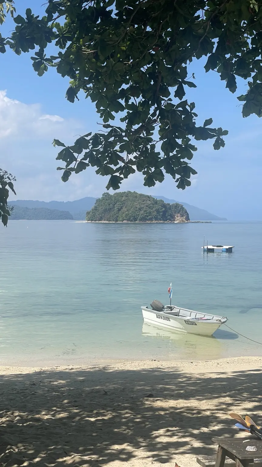 A quiet beach at Bigfin Beach Resort with clear water, a small boat and a forested island