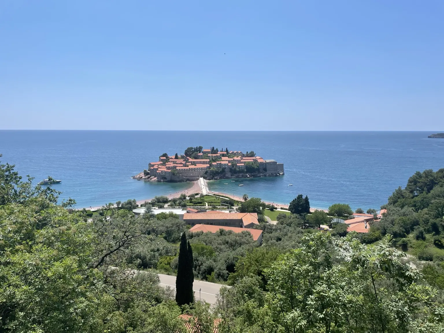 View through trees towards the island of Sveti Stefan and the blue Adriatic