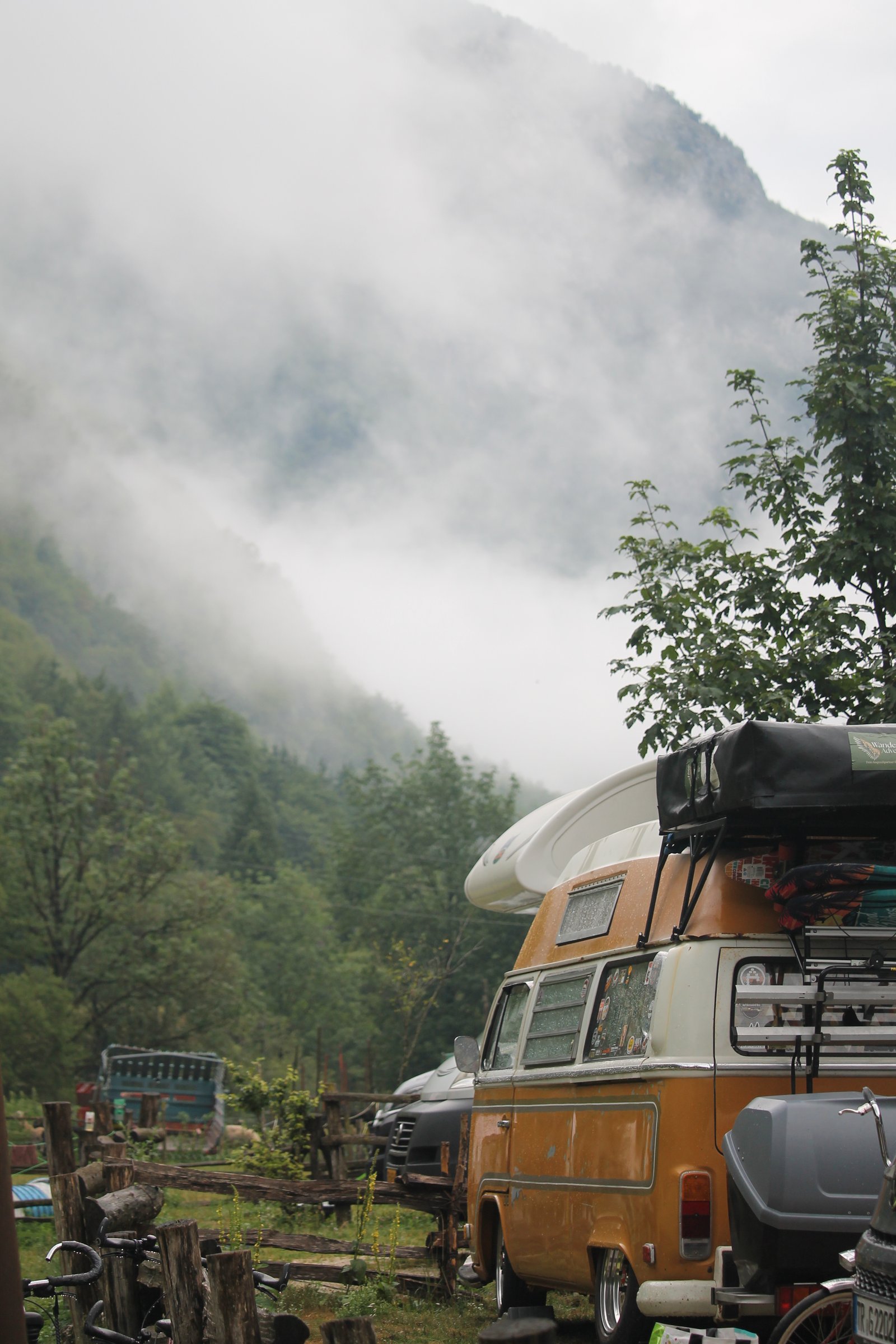 Campsite in the Soča Valley beneath low clouds