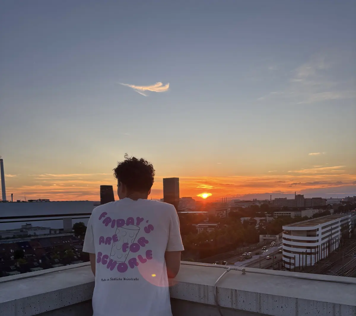 A person wearing the Fridays are for Schorle Palatinate T-shirt at sunset